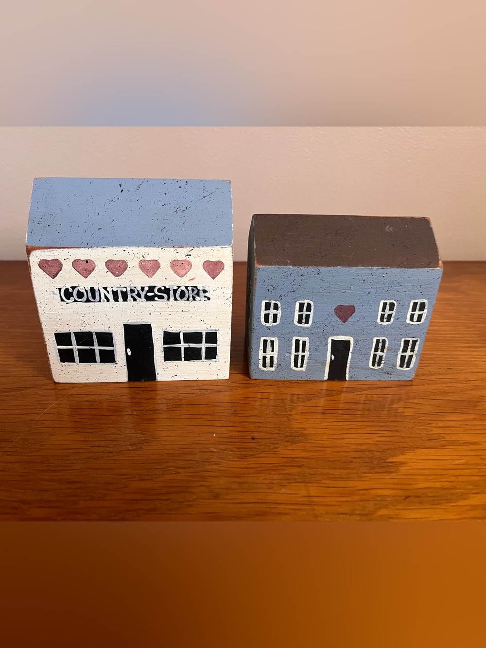 Hand Painted Wood Houses - Country Store and Blue House with Heart